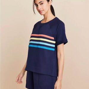 NWT Lou & Grey Navy Blue Women's Cozy Top with Rainbow Stripes Oversized- XS